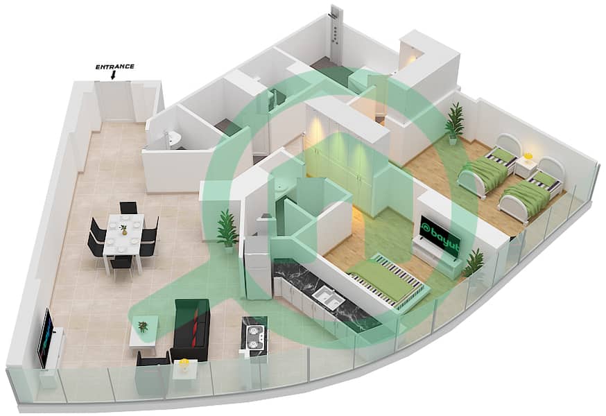 المخططات الطابقية لتصميم النموذج / الوحدة 2B/4 FLOOR 17-40 شقة 2 غرفة نوم - فندق وأجنحة أفاني بالم فيو دبي Floor 17-40 interactive3D