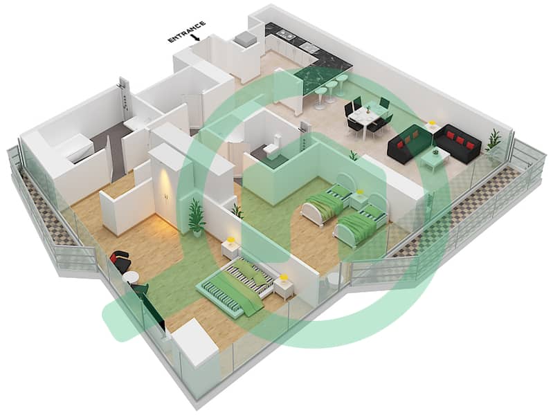المخططات الطابقية لتصميم النموذج / الوحدة 2E/11,12 FLOOR 17-21 شقة 2 غرفة نوم - فندق وأجنحة أفاني بالم فيو دبي Floor 17-21 interactive3D
