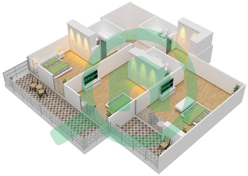 المخططات الطابقية لتصميم النموذج B تاون هاوس 3 غرف نوم - ياسمين Podium Floor interactive3D