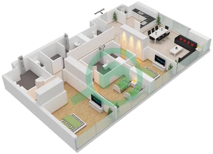 المخططات الطابقية لتصميم النموذج / الوحدة 3D/1 FLOOR 41-43 شقة 3 غرف نوم - فندق وأجنحة أفاني بالم فيو دبي