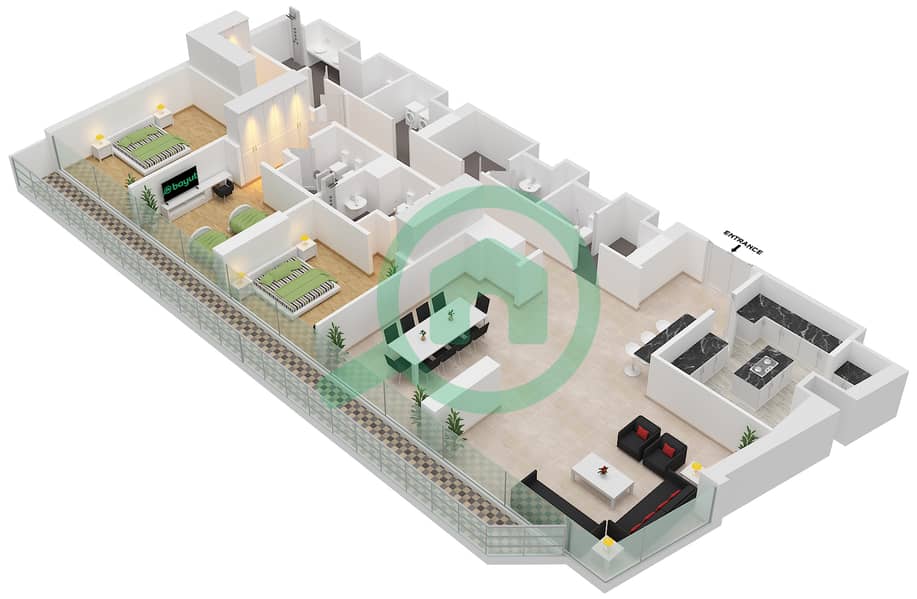 المخططات الطابقية لتصميم النموذج / الوحدة 3E/5 FLOOR 41-43 شقة 3 غرف نوم - فندق وأجنحة أفاني بالم فيو دبي Floor 41-43 interactive3D