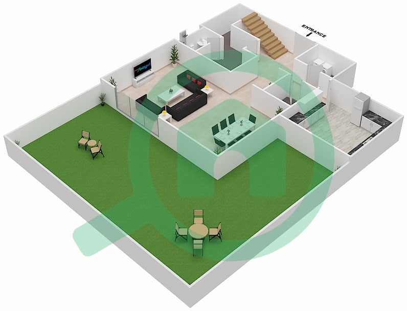 المخططات الطابقية لتصميم النموذج B GROUND & PODIUM LEVEL تاون هاوس 3 غرف نوم - لوريتو 1B Ground Floor interactive3D