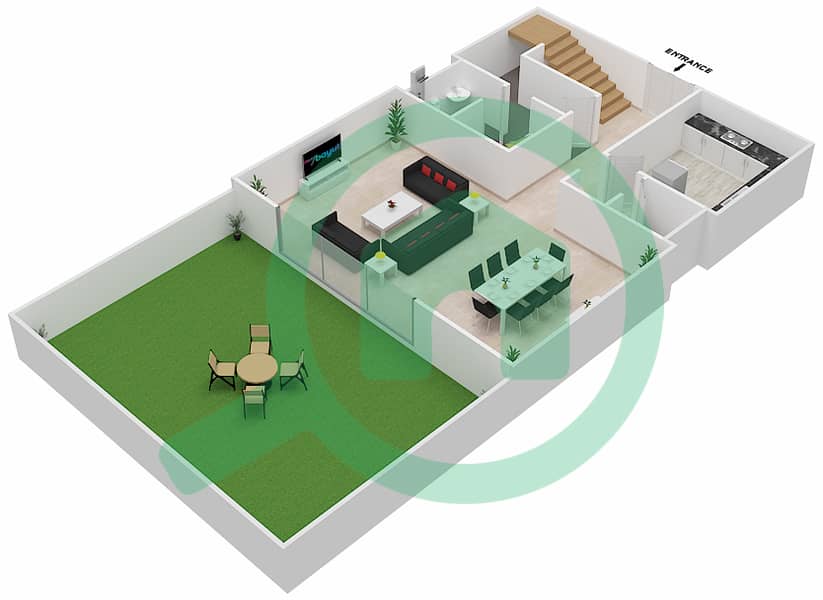 المخططات الطابقية لتصميم النموذج D GROUND & PODIUM LEVEL تاون هاوس 2 غرفة نوم - لوريتو 1B Ground Floor interactive3D