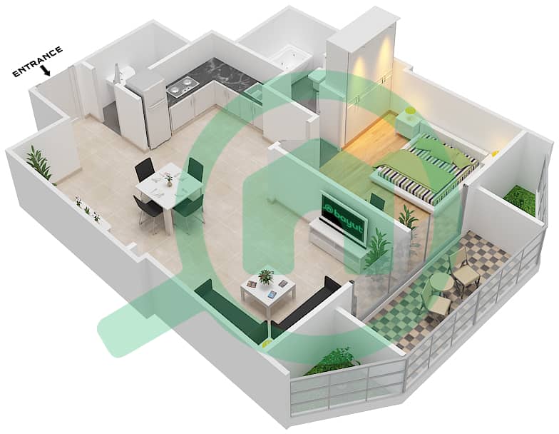 المخططات الطابقية لتصميم النموذج / الوحدة F03/3,6,11,14 شقة 1 غرفة نوم - برج ميراكلز من دانوب interactive3D