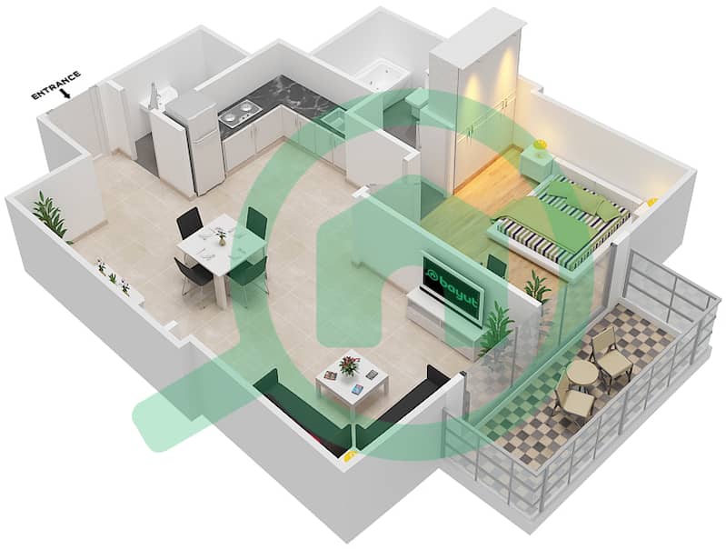 المخططات الطابقية لتصميم النموذج / الوحدة T03/4,7,13,16 شقة 1 غرفة نوم - برج ميراكلز من دانوب interactive3D