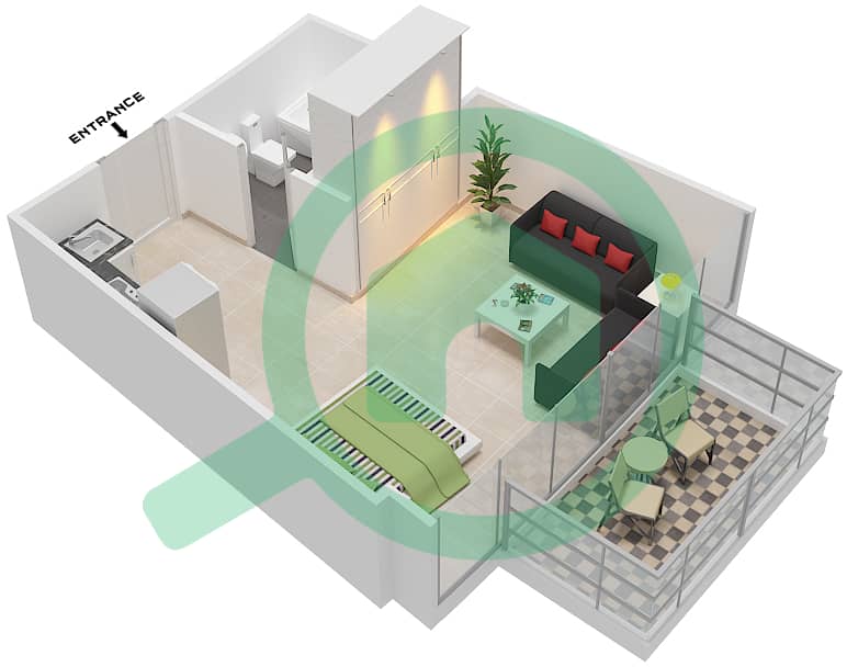 المخططات الطابقية لتصميم النموذج / الوحدة T01/2,3,8,9,11,12,17,18 شقة استوديو - برج ميراكلز من دانوب interactive3D