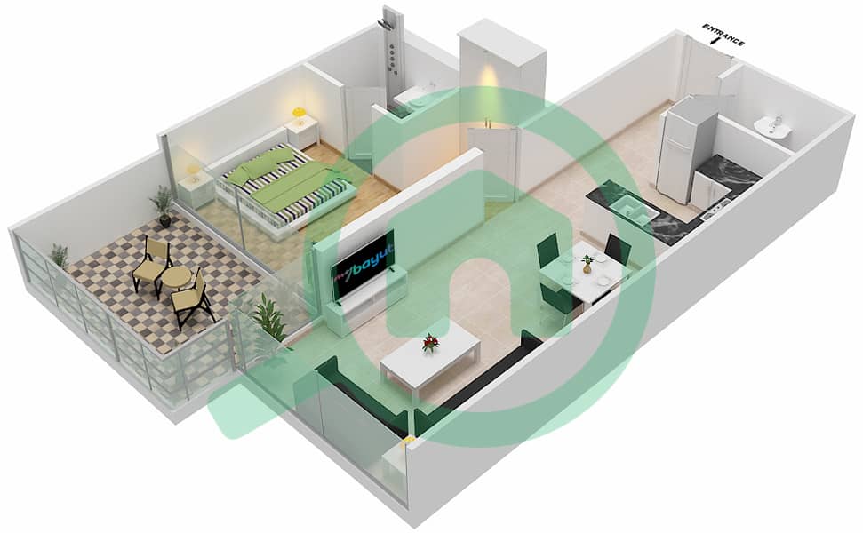 المخططات الطابقية لتصميم النموذج O POOL DECK شقة 1 غرفة نوم - لوريتو 1B Pool Deck interactive3D