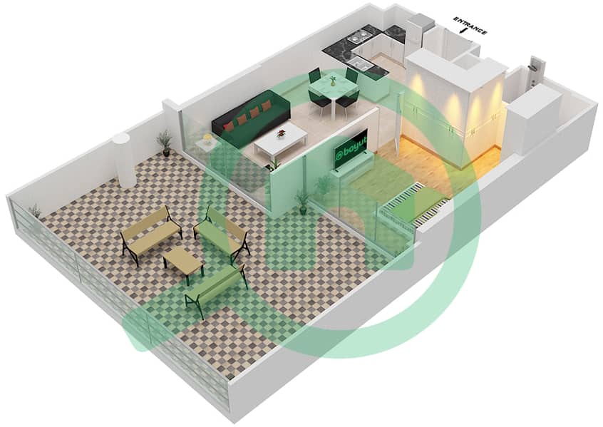 المخططات الطابقية لتصميم النموذج V POOL DECK شقة 1 غرفة نوم - لوريتو 1B Pool Deck interactive3D