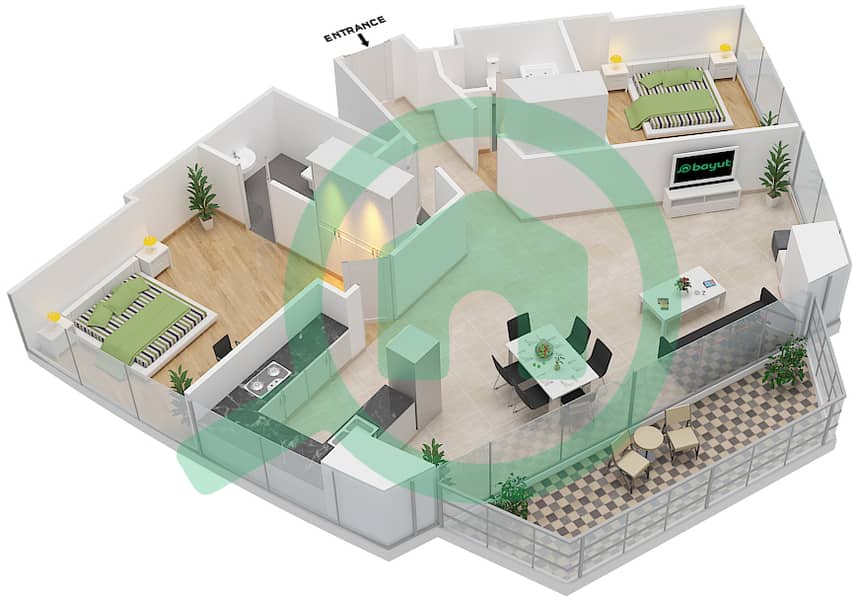 المخططات الطابقية لتصميم النموذج / الوحدة T04/1,10 شقة 2 غرفة نوم - برج ميراكلز من دانوب interactive3D