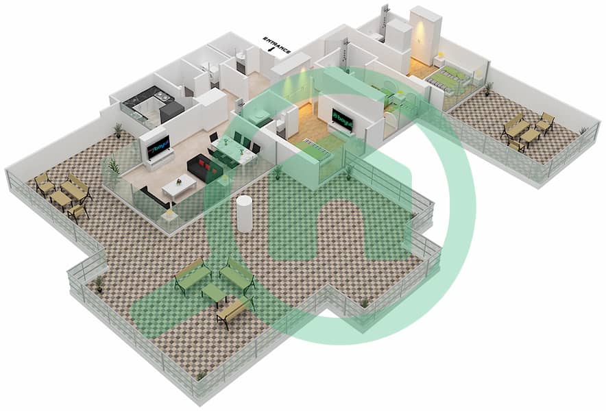 المخططات الطابقية لتصميم النموذج J POOL DECK شقة 3 غرف نوم - لوريتو 1B Pool Deck interactive3D