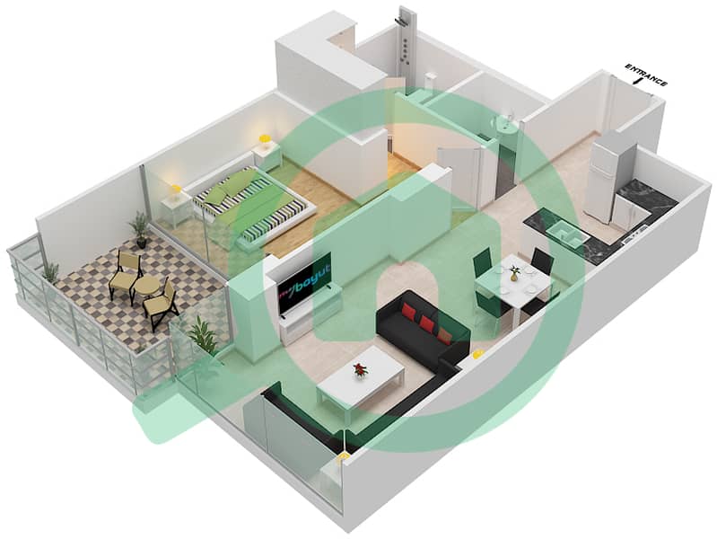 المخططات الطابقية لتصميم النموذج B1 POOL DECK شقة 1 غرفة نوم - لوريتو 1B Pool Deck interactive3D