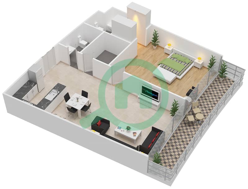 المخططات الطابقية لتصميم النموذج 1 شقة 1 غرفة نوم - اوشن سكيب interactive3D