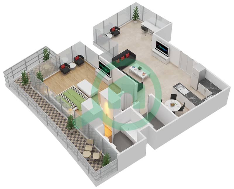المخططات الطابقية لتصميم النموذج 2 شقة 1 غرفة نوم - اوشن سكيب interactive3D