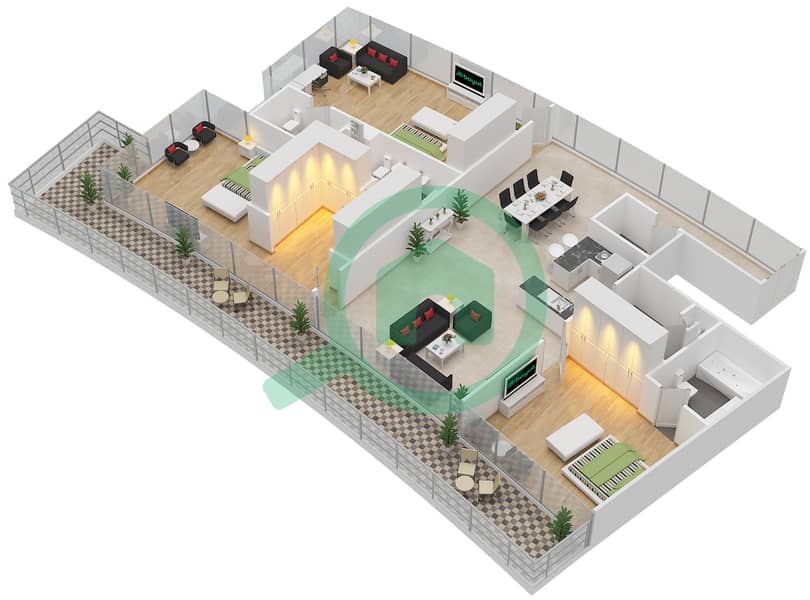 海洋景观大楼 - 3 卧室公寓类型5戶型图 interactive3D