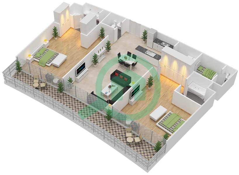 المخططات الطابقية لتصميم النموذج 4 شقة 2 غرفة نوم - اوشن سكيب interactive3D