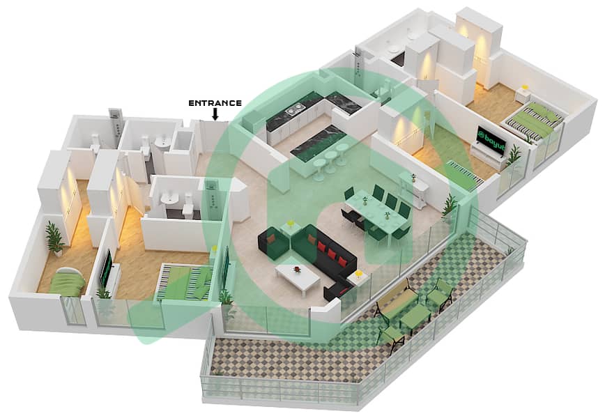المخططات الطابقية لتصميم الوحدة C1-209,C1-310,C1-410,C1-5 شقة 3 غرف نوم - A2 interactive3D
