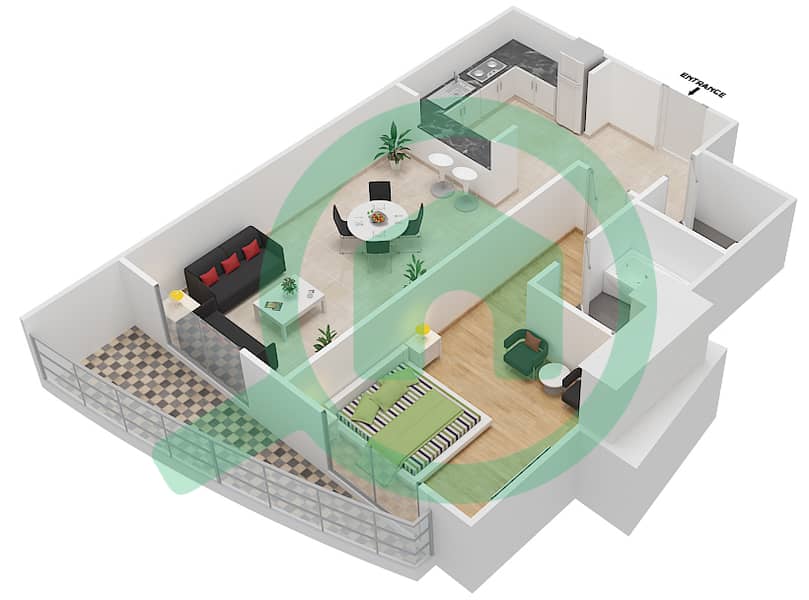المخططات الطابقية لتصميم النموذج B شقة 1 غرفة نوم - برج سيراج interactive3D