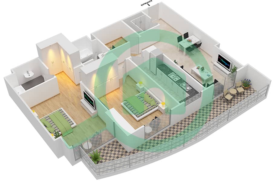 المخططات الطابقية لتصميم النموذج C شقة 2 غرفة نوم - برج سيراج interactive3D