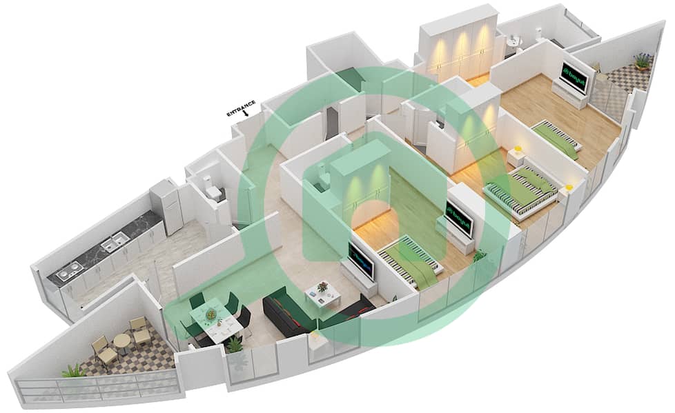 المخططات الطابقية لتصميم النموذج E بنتهاوس 3 غرف نوم - برج سيراج interactive3D