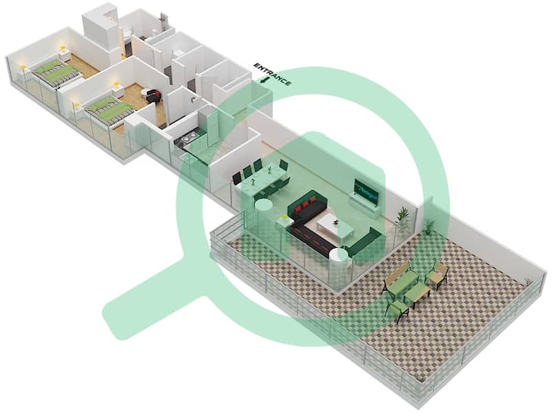 Жасмин - Апартамент 2 Cпальни планировка Тип I Pool Deck interactive3D
