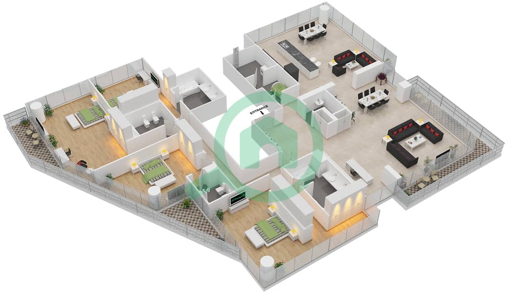 Аль Бандар - Апартамент 4 Cпальни планировка Единица измерения 201 Second floor interactive3D