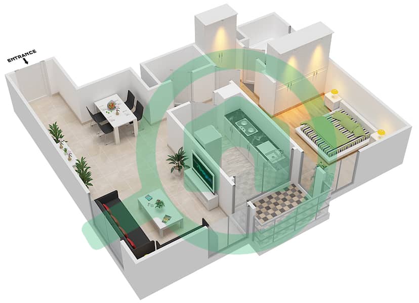 المخططات الطابقية لتصميم النموذج A شقة 1 غرفة نوم - برج سيراج interactive3D