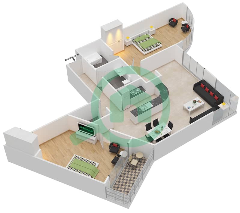 Тауэр Кресцент А - Апартамент 2 Cпальни планировка Тип C interactive3D