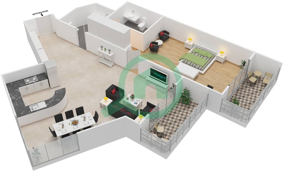 المخططات الطابقية لتصميم النموذج A شقة 1 غرفة نوم - برج ذا كريسنت A interactive3D