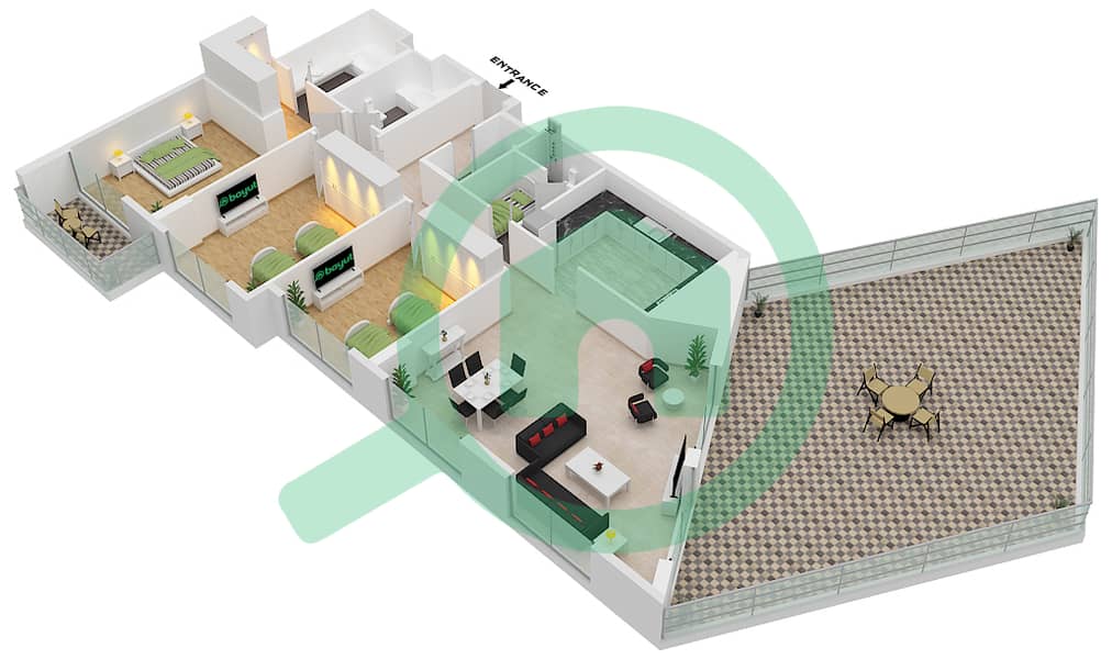 红树林广场 - 3 卧室公寓类型F戶型图 interactive3D