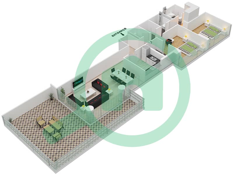 المخططات الطابقية لتصميم النموذج T شقة 2 غرفة نوم - ياسمين Pool Deck interactive3D