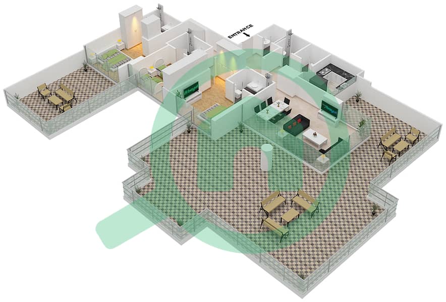 المخططات الطابقية لتصميم النموذج U شقة 3 غرف نوم - ياسمين interactive3D