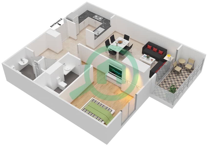 المخططات الطابقية لتصميم النموذج 1 شقة 1 غرفة نوم - برج سنتريوم 1 Floor 4-6,7,9,13-19,23,10-12,20-22,24-28-29 interactive3D