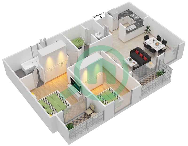 中庭大厦1号 - 2 卧室公寓类型2戶型图 Floor  4-10,11-29 interactive3D