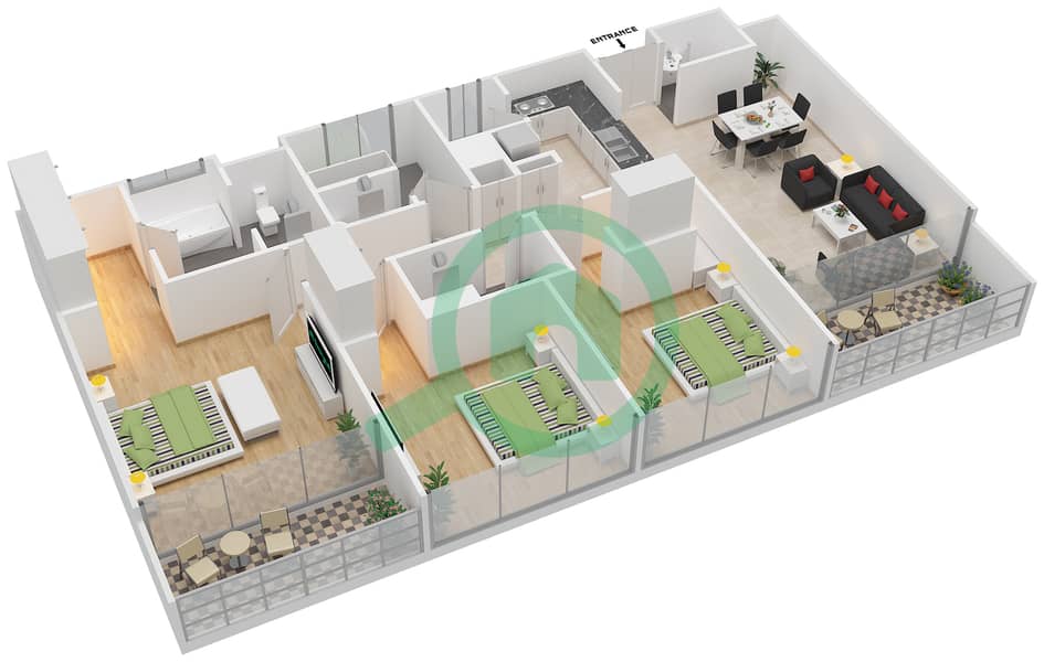Al Maha 2 - 3 Bedroom Apartment Type C3 Floor plan interactive3D
