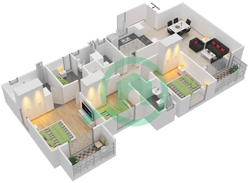 المخططات الطابقية لتصميم النموذج 3 شقة 3 غرف نوم - برج سنتريوم 1 Floor 4-23 interactive3D