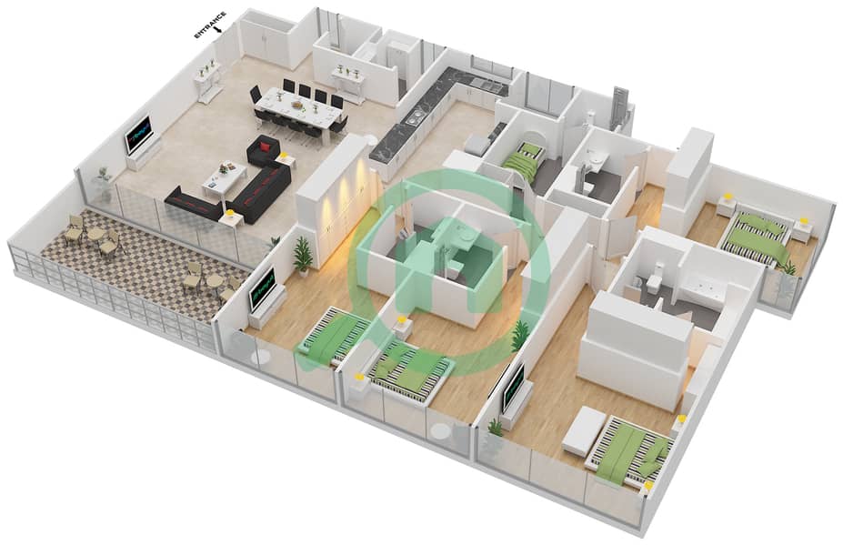 Al Maha 2 - 4 Bedroom Apartment Type B4 Floor plan interactive3D