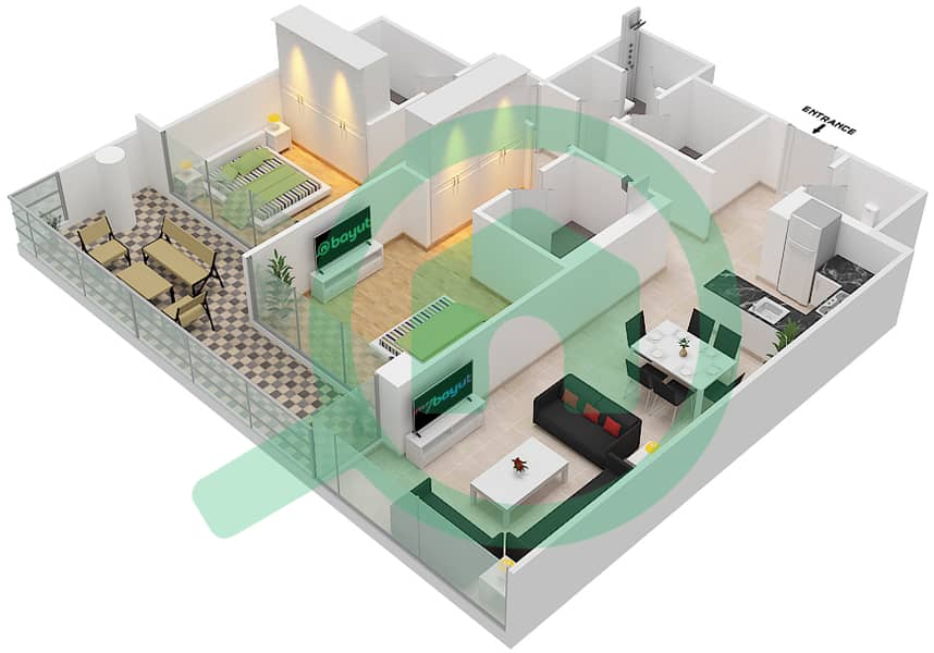茉莉公寓 - 2 卧室公寓类型C1戶型图 Pool Deck interactive3D