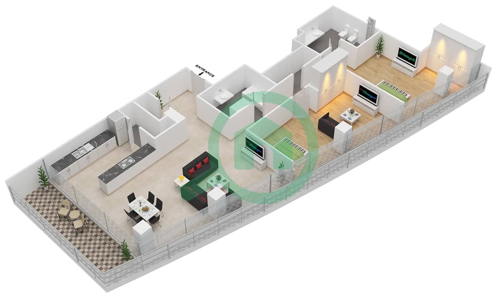 Al Barza - 2 Bedroom Apartment Type/unit 2H/316 Floor plan Floor 3 interactive3D