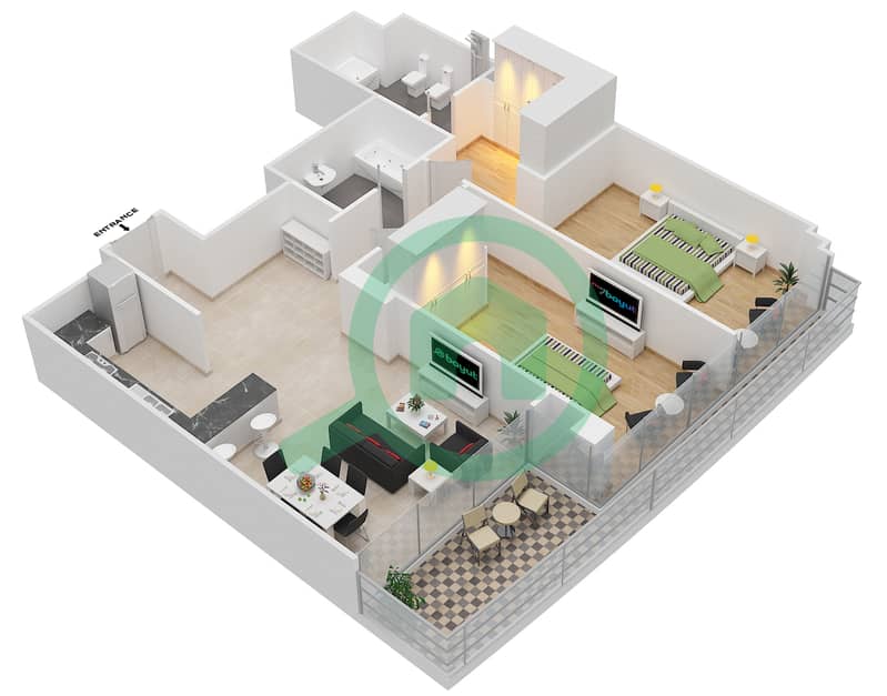 المخططات الطابقية لتصميم النموذج / الوحدة 2I/ 414 شقة 2 غرفة نوم - البرزة Floor 4 interactive3D