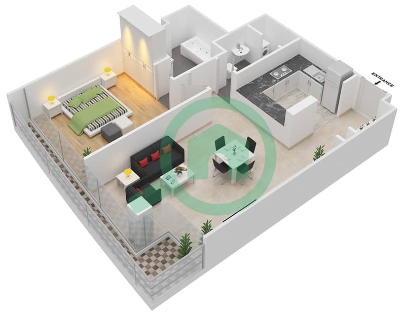 المخططات الطابقية لتصميم النموذج / الوحدة 1C/815 شقة 1 غرفة نوم - البرزة Unit 815 Floor 8 interactive3D