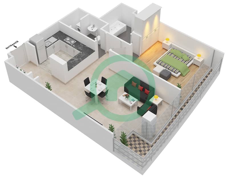 المخططات الطابقية لتصميم النموذج / الوحدة 1C/412 شقة 1 غرفة نوم - البرزة Floor 4 interactive3D