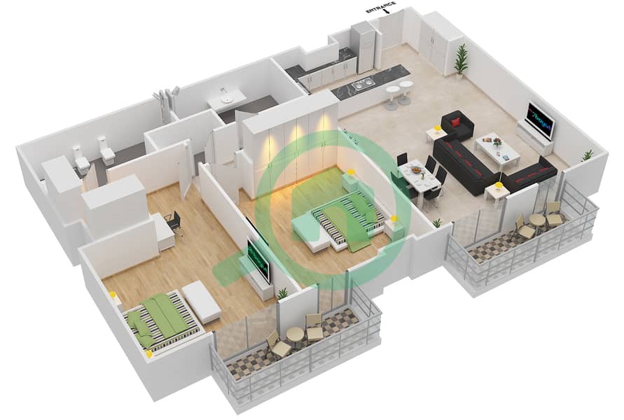 المخططات الطابقية لتصميم النموذج / الوحدة 2A/210 شقة 2 غرفة نوم - البرزة Floor 2 interactive3D