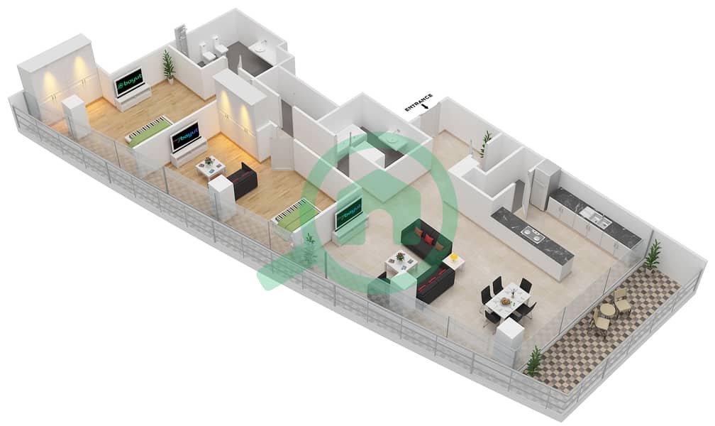 المخططات الطابقية لتصميم النموذج / الوحدة 2H/511 شقة 2 غرفة نوم - البرزة Floor 3 interactive3D