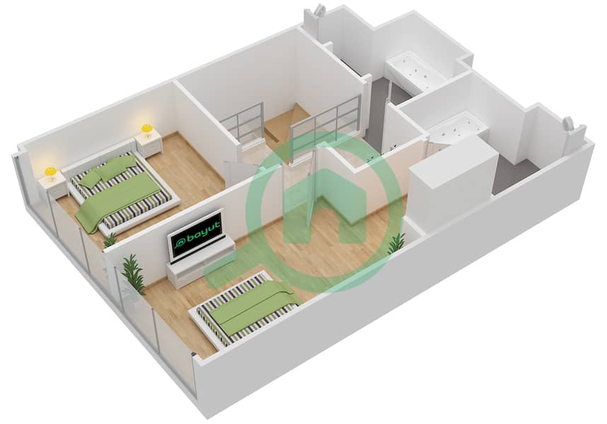 المخططات الطابقية لتصميم النموذج / الوحدة 2F/103 شقة 2 غرفة نوم - البرزة Second Floor interactive3D