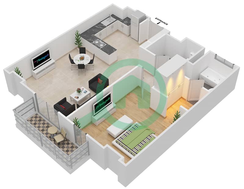 المخططات الطابقية لتصميم النموذج / الوحدة 1B/308 شقة 1 غرفة نوم - البرزة Floor 3 interactive3D