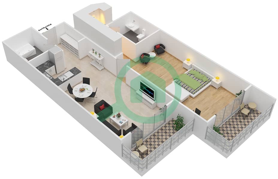 المخططات الطابقية لتصميم النموذج B شقة 1 غرفة نوم - برج ذا كريسنت B interactive3D