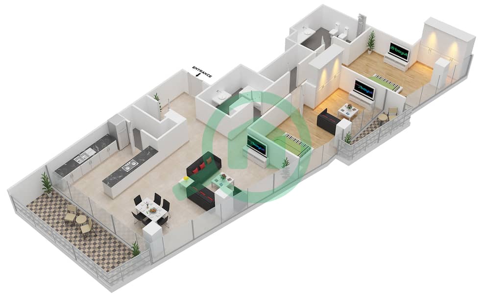 المخططات الطابقية لتصميم النموذج / الوحدة 2D/212 شقة 2 غرفة نوم - البرزة Floor 2 interactive3D