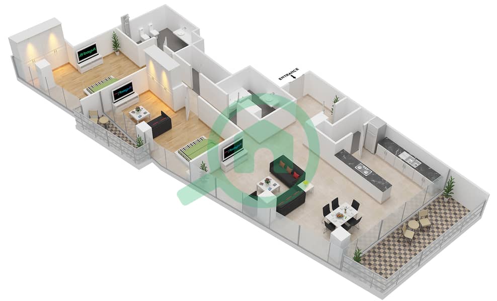 المخططات الطابقية لتصميم النموذج / الوحدة 2D/211 شقة 2 غرفة نوم - البرزة Floor 2 interactive3D