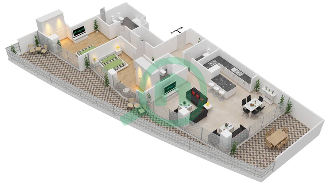 المخططات الطابقية لتصميم النموذج / الوحدة 2C/101 شقة 2 غرفة نوم - البرزة First Floor interactive3D