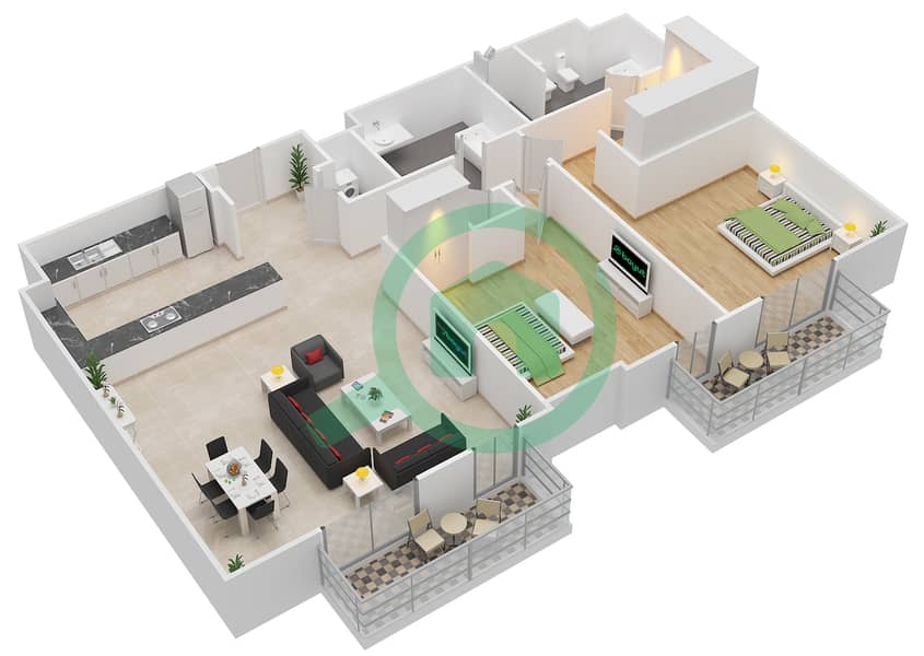 المخططات الطابقية لتصميم النموذج / الوحدة 2B/505 شقة 2 غرفة نوم - البرزة Floor 5 interactive3D